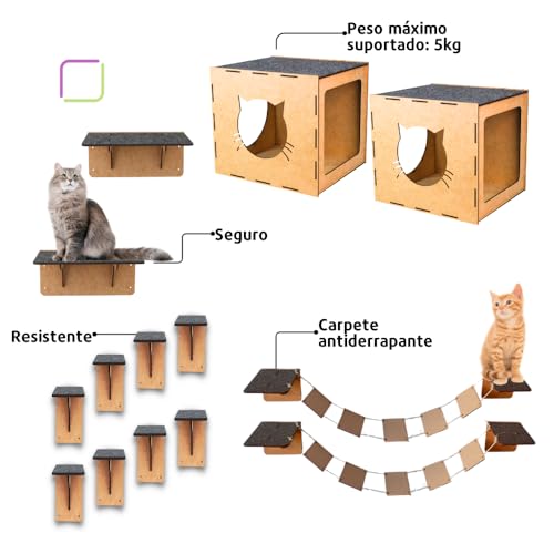 BOXFAN Playground para gatos 14 peças, inclui pontes, nichos, degraus e prateleiras em mdf com carpete antiderrapante, brinquedo e móvel suspenso para gatos