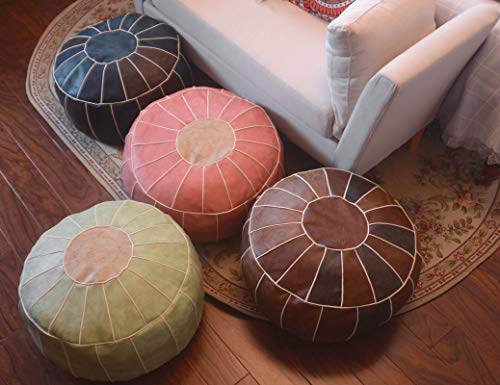 RISEON Boho Handmade Faux PU Leather Moroccan Pouf Footstool Ottoman Leather Poufs Unstuffed 23" x 11" -Round Floor Cushion Footstool for Living Room, Bedroom and Under Desk (Blue)