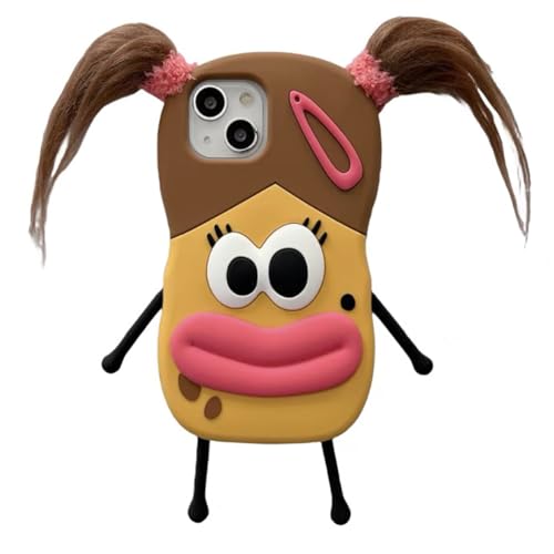 QoKcoahn Case Compatible with iPhone 15,Cute 3D Kawaii Funny Braided Sausage Mouth Girl Cartoon Cover with Keychain Soft Silicone Gel Drop Protector Women Girls