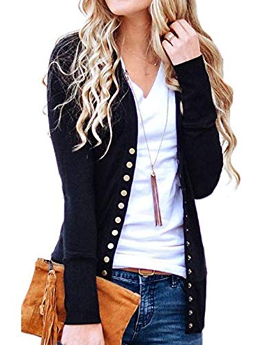 Weilim Women's V-Neck Button Down Knitwear Long Sleeve Casual Cardigans Sweater Black XXL