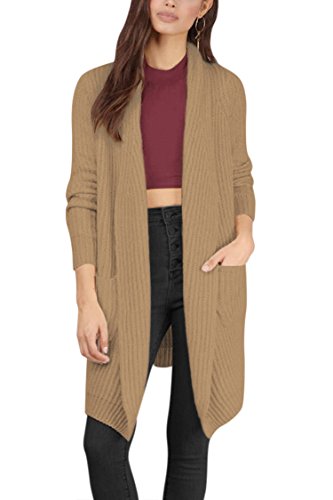 Viottis Women's Long Open Front Knit Cardigan Sweater Coat with Pockets Khaki L Viottis Women's Long Open Front Knit Cardigan Sweater Coat with Pockets Khaki L