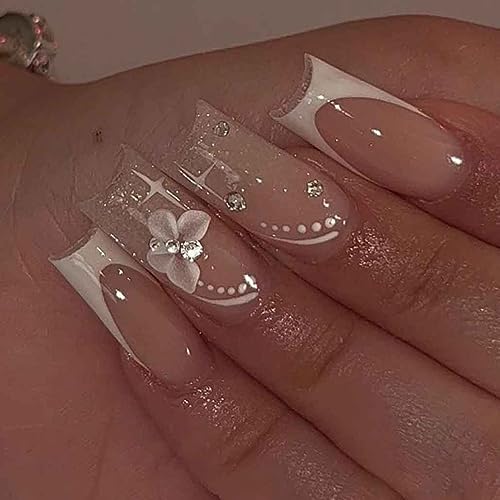 Foccna Long Press On Nails - Nude Square Clear Acrylic False Nails - 24PCS French Full Cover Bling Rhinestone Butterfly Design