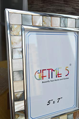 GIFTME 5 Silver Plate Picture Frame 5x7 Mother of Pearl 5 by 7 Photo Frames Mosaic Glass Tabletop Frame (Grey+ White)