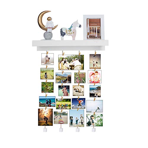 Halvalo Picture Frames Collage Photo Ledge Shelf, Wall Photo Display Shelf Pictures Organizer Hanging Wall Decor with 24 Clips