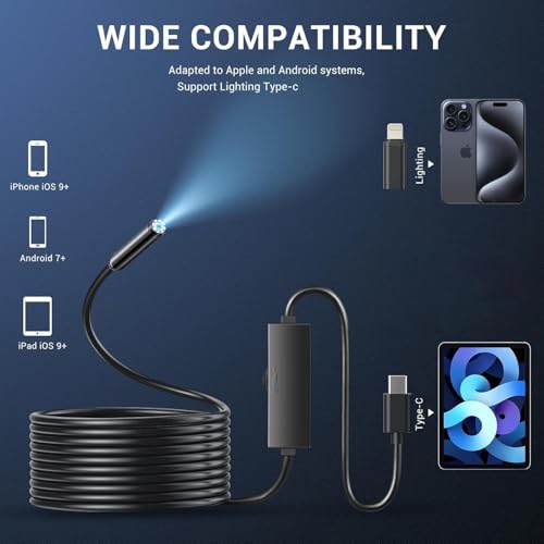 Cámara endoscópica, boroscopio HD de 1920P con 8 luces LED ajustables, cámara de inspección con cable de serpiente semirrígido de 16,5 pies a prueba de agua IP67 para iPhone, iPad y teléfonos Android