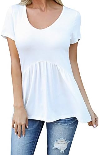 Women Short Sleeve Tunic Tops Patch Hem Scoop Neck Swing Shirts