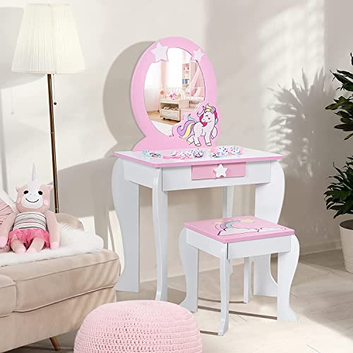 HONEY JOY Kids Vanity Set with Mirror, Wooden Princess Makeup Table and