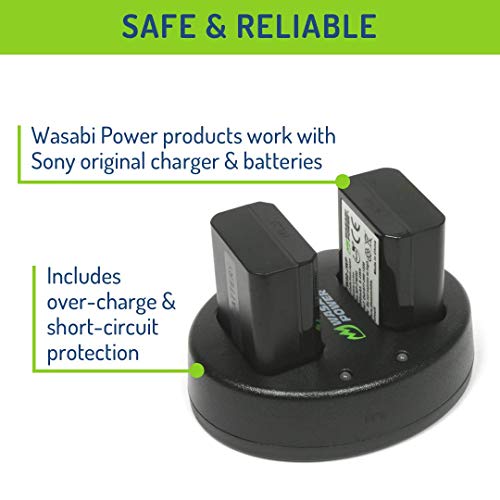 NP-FW50 Wasabi Power Camera Battery (2-Pack) and Dual USB Charger for Sony Alpha a6000, a6300, a6400, a6500, a7, a7 II, a7R, a7R II, a7S, a7S II, RX10 II, III, IV Battery (1300mAh, Micro USB Input)