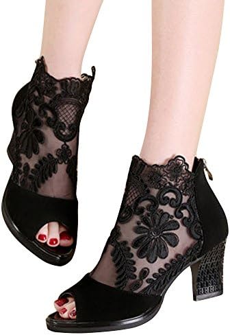 Xiakolaka Women's Pretty Lace Flowers Open Toes Sandals High Heels Ankle Boots