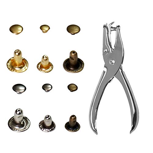 Gnognauq 300 Set 2 Sizes Leather Rivets Double Cap Rivet Tubular Metal Studs with 3 Pieces Setting Tool Kit and Punch Pliers for Leather Craft, Rivets Replacement,3 Colors - Thumbnail 3