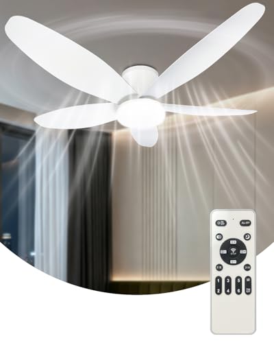 FYLXURO 106cm Ceiling Fans with Lights and Remote, 42'' Dimmable LED Ceiling Fan Light, 6 Speeds Reversible Quiet Low Profile Modern Fan, 3000K-6500K & Timer for Bedroom, Living Room (White 5-Blade)