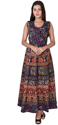 Jaipuri Fashionista Cotton Women's Maxi Long Dress Jaipuri Printed with Atteched Jacket (Free Size Upto 44-XXL)
