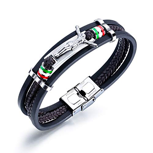 Mishow Religious Black Leather Bracelet Stainless Steel Jesus Christ Crucifix Cross Wrist Cuff Wristband
