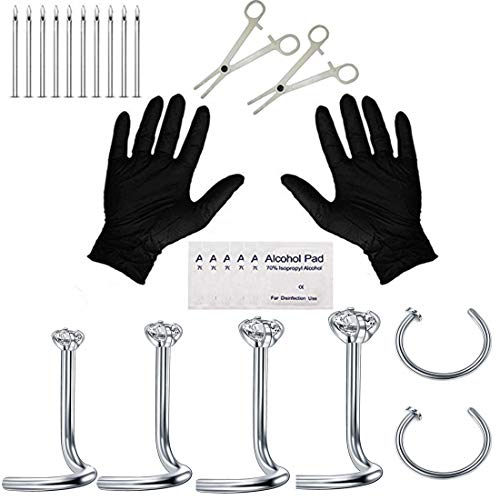 Jconly 22Pcs Nose Piercing Kit 20G Stainless Steel Zircon Nose Nail Nose Rings Piercing Hoops with Piercing Needles Piercing Clamps