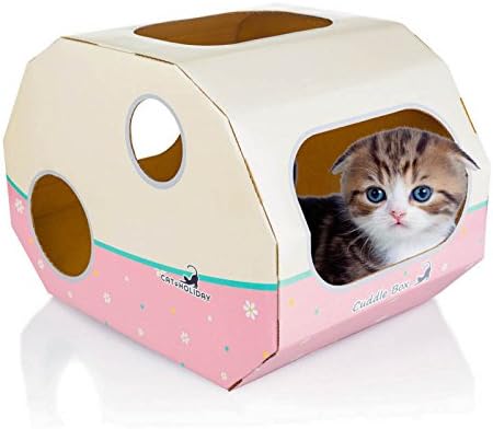 CatHoliday CuddleBox / Cat Cardboard House / Cat Condo Cat Cardboard box With a top-rated feather Cat Teaser/ Wand Cat Toy and a Scratching pad