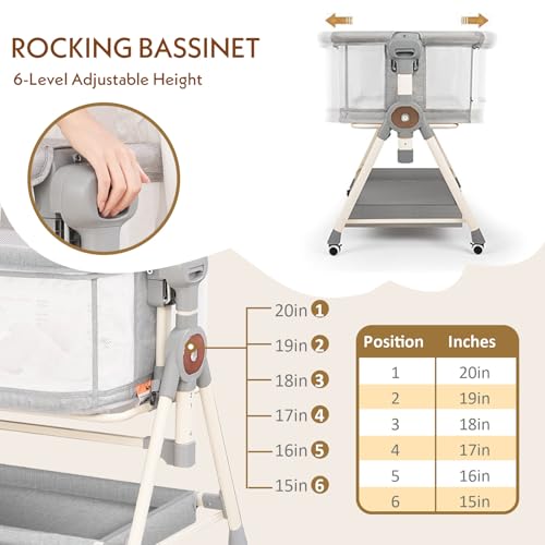 Baby Bassinet, Rocking Bassinet with Waterproof Sheets, Grey | 3 in 1 Baby Bassinets Bedside Sleeper 6 Height Adjustable Bedside Bassinet for Newborn