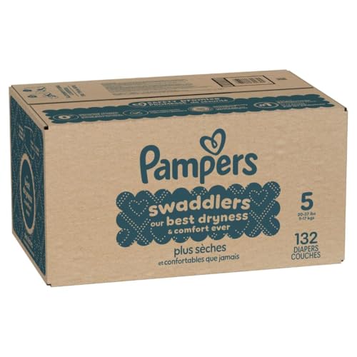PAMPERS SWADDLERS DIAPERS, SIZE 5 (20-37 LBS), 132 COUNT, ABSORBENT, KEEPS BABY DRY AND COMFORTABLE, SKIN SAFE DISPOSABLE BABY DIAPER (PACKAGING MAY VARY)