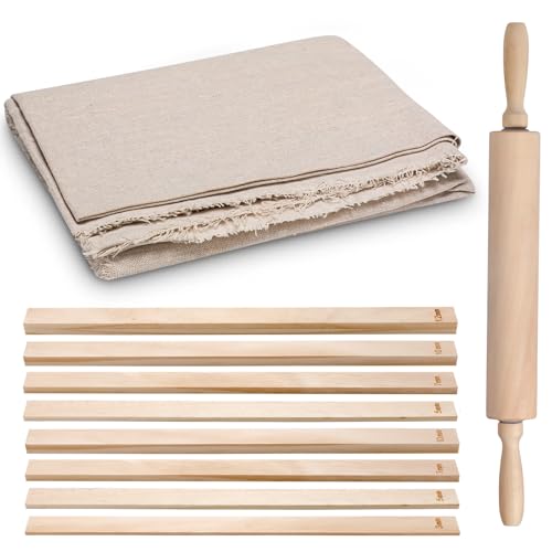 Newtay 12 Pcs Pottery Tools Include 1 Wood Rolling Pin Sculpting Polymer Clay Tools 1 Portable Pottery Wedging Board/Linen Tablecloth and 10 Pcs 5 Size Teaching Rolling Mud Stick Guide (Tablecloth)