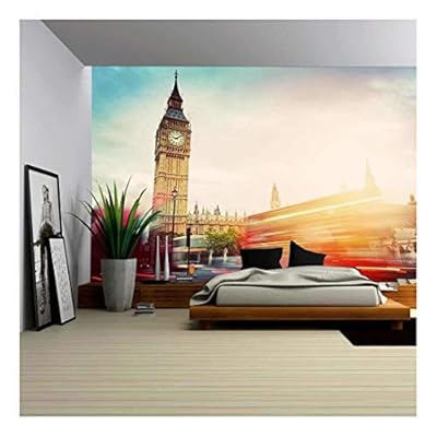 London, The UK. Red Buses in Motion and Big Ben - Removable Wall Mural | Self-Adhesive Large Wallpaper - 66x96 inches
