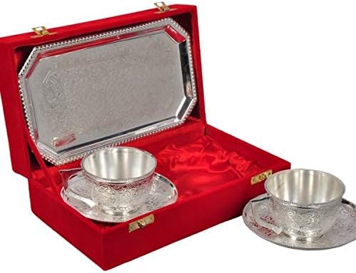 Silver Plated Brass Cup Plate Set From Indian Accent (2 Plate: 2 Cup: 1 Tray)