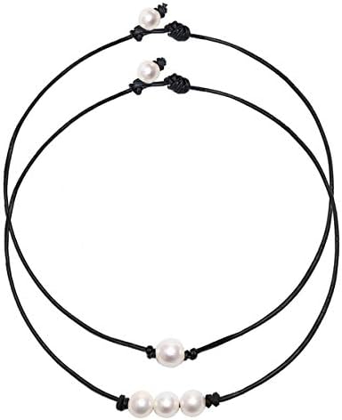 FUTTMI Three White Pearl Choker Necklace with Single Beads Freshwater Pearls Choker Necklace on Genuine Leather Cord Knotted Jewelry for Women Girls
