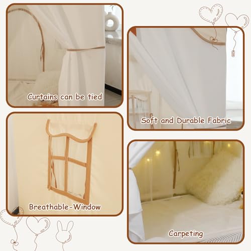 STANEW Large Dome Tent, Foldable Camping Tent Indoor Outdoor, Contain Star Light, Flag, padded mats, Outdoor Shelter 132 * 92 * 128cm -Cream