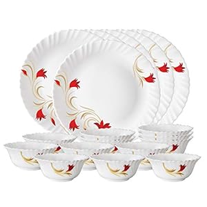 Larah by BOROSIL Opalware Red Lily Thali Set, (18-Pieces, White)