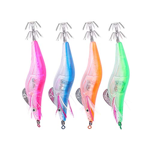 Zerone Fishing Lures, 10cm 4pcs Soft Plastic Lures and Hard Fishing Lures, Electric Luminous Bionic Shrimp Shape Saltwater Squid Fishing Lures
