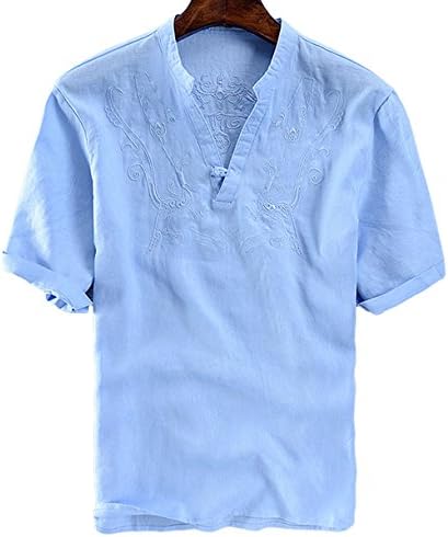 utcoco Men's Retro Frog Button V-Neck Embroidery Linen Henley Shirts Short Sleeve