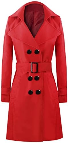 Abary Women Red Winter Buttons Waist Band Long Woolen Red Coat S(US XS)