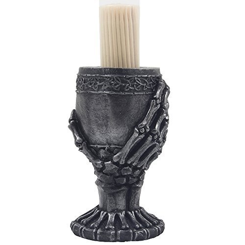 Spooky Skeleton Hand Holding Goblet Toothpick Holder with Decorative Metallic Look Display Stand for Eerie Halloween Decorations and Gothic Decor or Medieval Bar Accessories As Whimsical Novelty Gifts