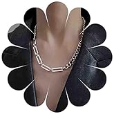 Iaceble Boho Rectangle Paper Clip Choker Necklace Silver Paperclip Chain Necklace Curb Chain Collar Necklace Open Rectangle Necklace Jewelry for Women