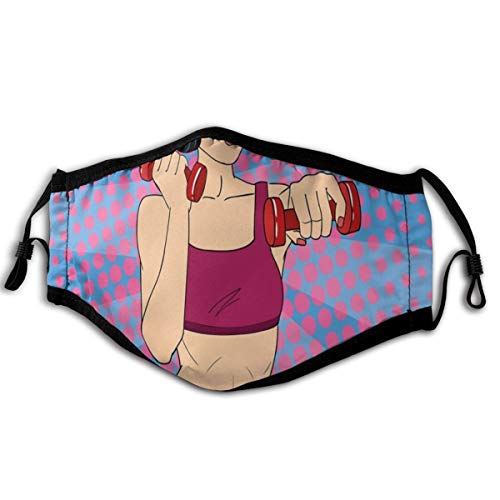 Comfy Windproof masks,Pop Artwork Girl Determine Doing Workouts With Dumbbells Healthcare Vitality Retro Type,Printed Facial decorations for grownup