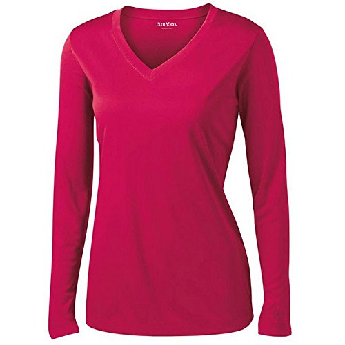 Clothe Co. Ladies Long Sleeve V Neck Moisture Wicking Athletic Shirt, Pink Raspberry, XS