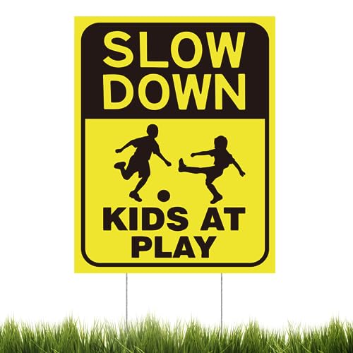 Kids at Play Signs for Street with Metal Stake, Children at Play Safety Signs 16" x 12" for Street, Double-Sided Text and Graphics Easier to Identify, Slow Down Sign for Commercial Use Shop
