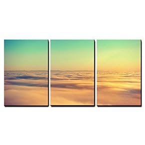 3 Piece Canvas Wall Art - Amazing View from Plane on The Orange Sky, Sunset Sun and Clouds - Modern Home Art Stretched and Framed Ready to Hang - 16"x24"x3 Panels