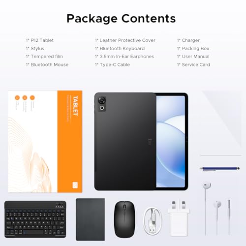 P12 Android 16 Tablet with Gemini AI, 12 Inch Tablet 2.4K 120Hz, 48GB+128GB/TF 2TB, UT7280 Octa-Core, 10000mAh Battery, 13MP+8MP/Face ID/Widevine L1/3.5mm Headphone, Tablet with Keyboard & Pen, Blue