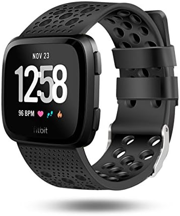 Fitbit Versa Bands, ANIPIG Silicone Sport Strap Bands Replacement Breathable Adjustable Bands with Ventilation Holes for Women Men Small Large Wrist Accessories for Fitbit Versa Smart Watch (Black)