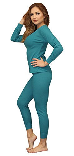 Women's Soft 100% Cotton Waffle Thermal Underwear Long Johns Sets (Large, Teal Blue)