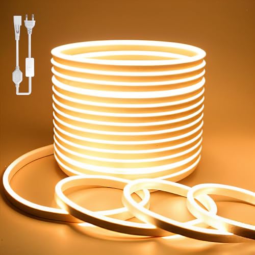 BAGZY Waterproof Outdoor LED Strip 50 m Yellow LED Strip 220 V Neon Strip Light IP65 Waterproof Flexible Indoor Cut-Off Included Mains Adapter for Bedroom Kitchen