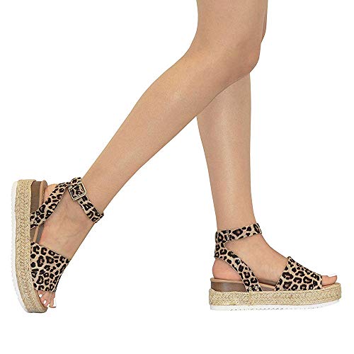 Z. Emma Women's Open Toe Ankle Strap Studded Buckle Espadrilles Platform Wedge Summer Sandals SA01 Leopard 8.5