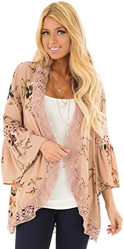 Perkisboby Womens Summer Bell Sleeve Crochet Lace Trim Floral Printed Kimono Cardigan Cover Up