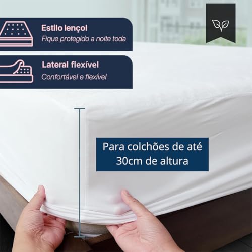 Protetor de Colchão Solteiro Premium 100% Impermeável, Silencioso, Branco Liso 1,90m x 90cm x 30cm Antiácaro, Com Elástico Ajusável, Não faz Barulho, Prático e Resistente