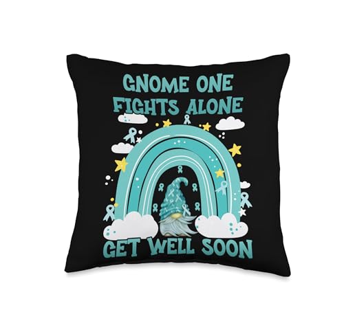 Gnome One Fights Alone Teal | Ovarian Cancer Awareness Throw Pillow