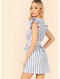 Milumia vestido con cinturón de manga corta con cuello en V y rayas para mujer
