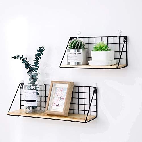 Easy Chic Industrial Metal Wire Wood Wall Shelf Modern Loft Dorm Storage (Pack of 2(Small+large), Black)