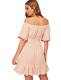 Floerns - Vestido de túnica con pompón y cintura con cordón y hombros descubiertos para mujer