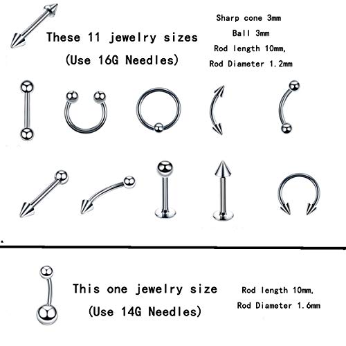 Jconly Piercing Kit - 94Pcs Professional Body Piercing Kit Surgical Steel Piercing Needles 14G,16G Piercing Clamps Belly Ring Tongue Tragus Nipple Nose, Body Piercing Tools ... ...