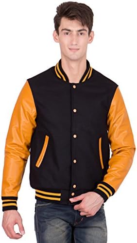Caliber India Light Gold Leather Sleeves &amp; Black Wool Body Varsity Jacket-Men L