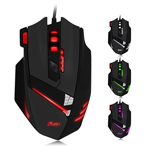 GranVela Zelotes T60 Gaming Mouse 7200 DPI Wired USB Computer Mice For PC Mac 7 Buttons Multi-Modes LED Lights - Black